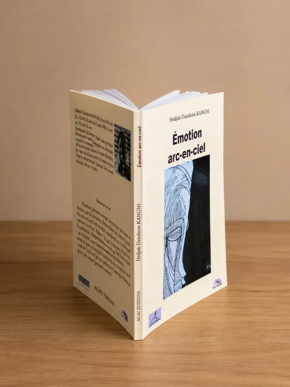 Le livre Émotion arc-en-ciel de Hedjole Dziedzom KANGNI, posé debout sur une table en bois